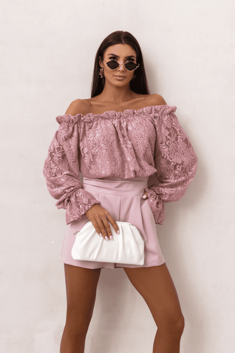 Γυναικεία Μπλούζα Mia Dusty Rose με Ισπανική Λαιμόκοψη & Δαντέλα
